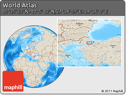 Shaded Relief Location Map of the Area around 40° 50' 23" N, 28° 7' 30" E