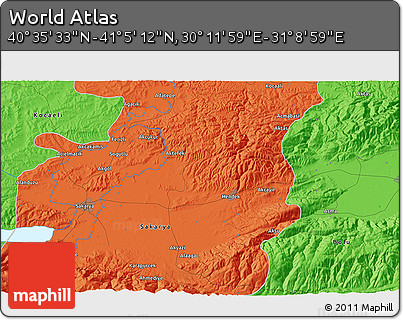 Political 3D Map of the Area around 40° 50' 23" N, 30° 40' 29" E