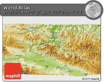 Physical 3D Map of the Area around 40° 50' 23" N, 36° 37' 30" E