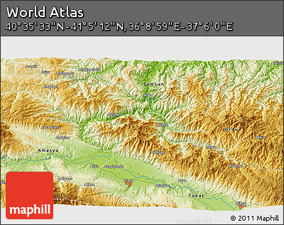Physical 3D Map of the Area around 40° 50' 23" N, 36° 37' 30" E