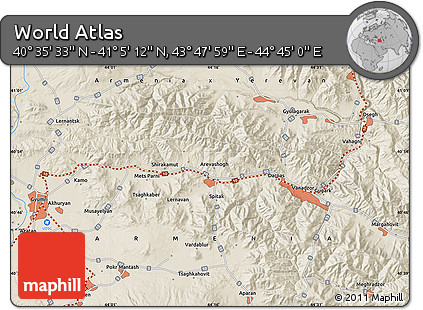 Shaded Relief Map of the Area around 40° 50' 23" N, 44° 16' 29" E