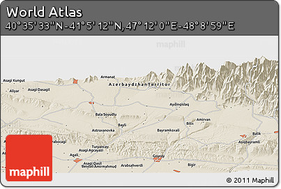 Shaded Relief Panoramic Map of the Area around 40° 50' 23" N, 47° 40' 29" E