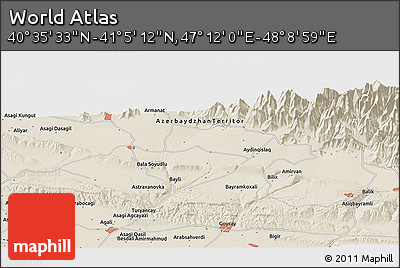 Shaded Relief Panoramic Map of the Area around 40° 50' 23" N, 47° 40' 29" E