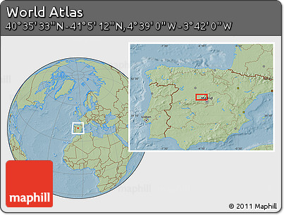 Savanna Style Location Map of the Area around 40° 50' 23" N, 4° 10' 30" W, hill shading