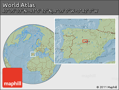Savanna Style Location Map of the Area around 40° 50' 23" N, 4° 10' 30" W, hill shading