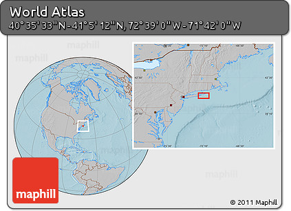 Gray Location Map of the Area around 40° 50' 23" N, 72° 10' 30" W, hill shading