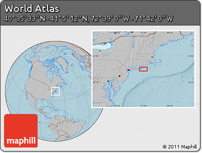 Gray Location Map of the Area around 40° 50' 23" N, 72° 10' 30" W, hill shading