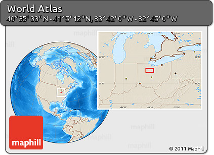 Shaded Relief Location Map of the Area around 40° 50' 23" N, 83° 13' 29" W