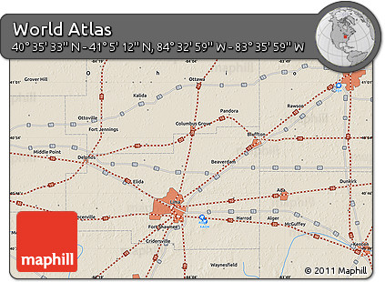 Shaded Relief Map of the Area around 40° 50' 23" N, 84° 4' 29" W