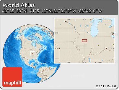 Shaded Relief Location Map of the Area around 40° 50' 23" N, 89° 10' 30" W