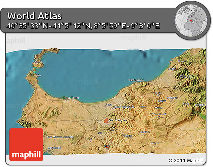 Satellite 3D Map of the Area around 40° 50' 23" N, 8° 34' 29" E