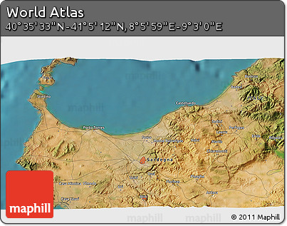 Satellite 3D Map of the Area around 40° 50' 23" N, 8° 34' 29" E