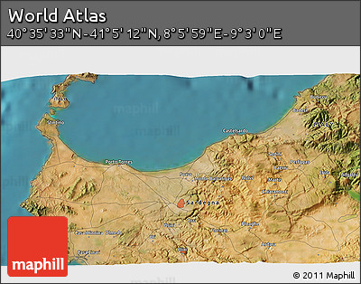 Satellite 3D Map of the Area around 40° 50' 23" N, 8° 34' 29" E