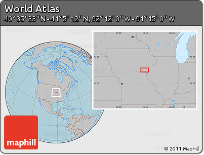 Gray Location Map of the Area around 40° 50' 23" N, 91° 43' 29" W, hill shading