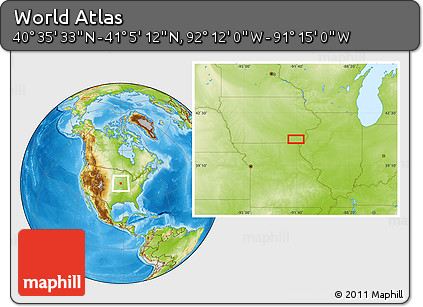 Physical Location Map of the Area around 40° 50' 23" N, 91° 43' 29" W