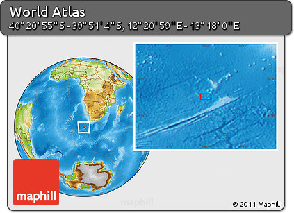 Physical Location Map of the Area around 40° 6' 0" S, 12° 49' 29" E