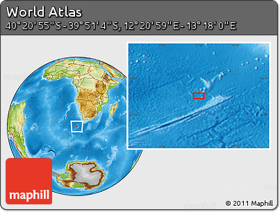 Physical Location Map of the Area around 40° 6' 0" S, 12° 49' 29" E