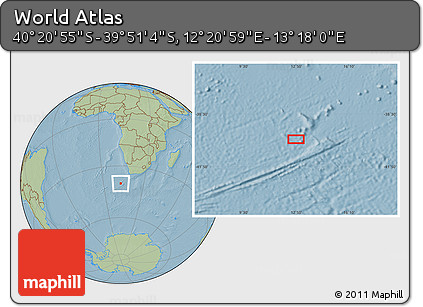 Savanna Style Location Map of the Area around 40° 6' 0" S, 12° 49' 29" E, hill shading