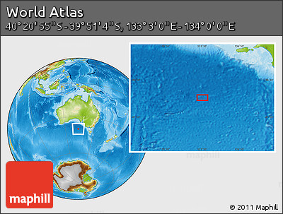 Physical Location Map of the Area around 40° 6' 0" S, 133° 31' 30" E