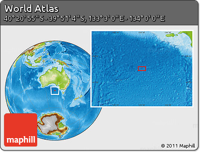 Physical Location Map of the Area around 40° 6' 0" S, 133° 31' 30" E