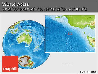 Physical Location Map of the Area around 40° 6' 0" S, 140° 19' 29" E
