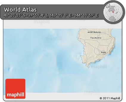 Shaded Relief 3D Map of the Area around 40° 6' 0" S, 143° 43' 29" E