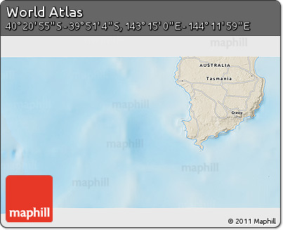 Shaded Relief 3D Map of the Area around 40° 6' 0" S, 143° 43' 29" E