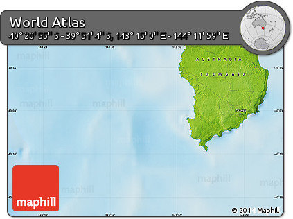 Physical Map of the Area around 40° 6' 0" S, 143° 43' 29" E