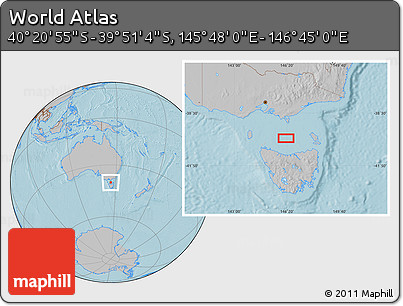 Gray Location Map of the Area around 40° 6' 0" S, 146° 16' 30" E, hill shading