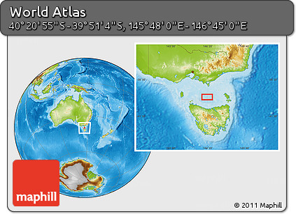 Physical Location Map of the Area around 40° 6' 0" S, 146° 16' 30" E