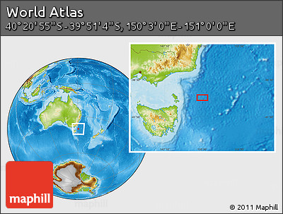 Physical Location Map of the Area around 40° 6' 0" S, 150° 31' 30" E