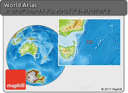 Physical Location Map of the Area around 40° 6' 0" S, 151° 22' 30" E