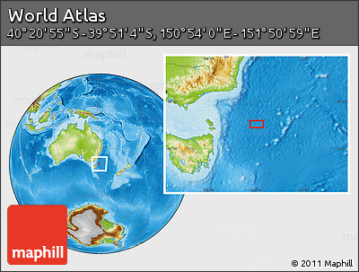 Physical Location Map of the Area around 40° 6' 0" S, 151° 22' 30" E
