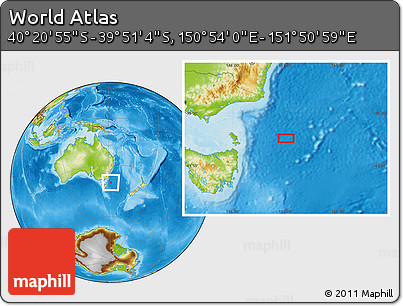 Physical Location Map of the Area around 40° 6' 0" S, 151° 22' 30" E
