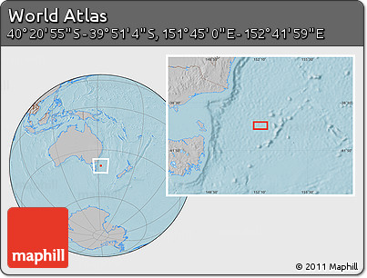 Gray Location Map of the Area around 40° 6' 0" S, 152° 13' 29" E, hill shading