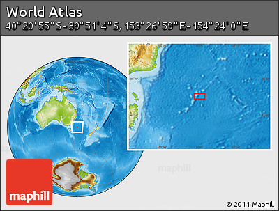 Physical Location Map of the Area around 40° 6' 0" S, 153° 55' 30" E