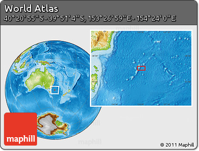 Physical Location Map of the Area around 40° 6' 0" S, 153° 55' 30" E
