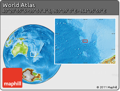 Physical Location Map of the Area around 40° 6' 0" S, 164° 7' 30" E