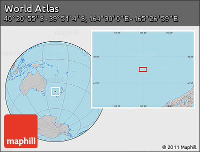Gray Location Map of the Area around 40° 6' 0" S, 164° 58' 29" E