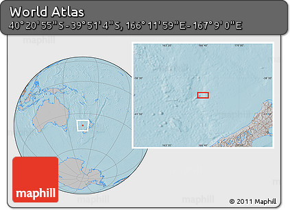 Gray Location Map of the Area around 40° 6' 0" S, 166° 40' 30" E, hill shading