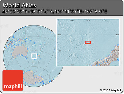 Gray Location Map of the Area around 40° 6' 0" S, 166° 40' 30" E, hill shading
