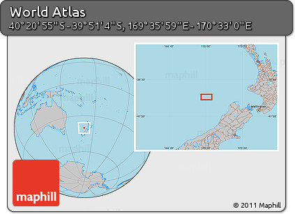 Gray Location Map of the Area around 40° 6' 0" S, 170° 4' 29" E
