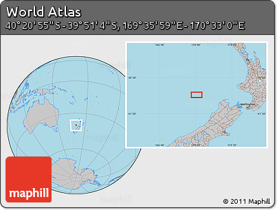 Gray Location Map of the Area around 40° 6' 0" S, 170° 4' 29" E