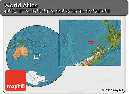 Satellite Location Map of the Area around 40° 6' 0" S, 170° 55' 30" E