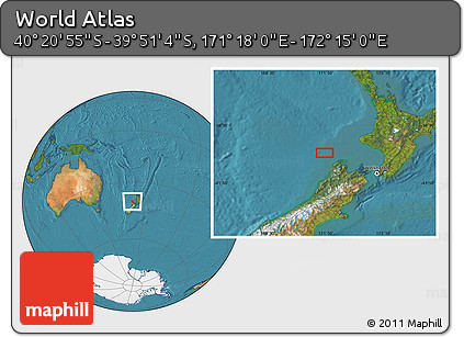 Satellite Location Map of the Area around 40° 6' 0" S, 171° 46' 30" E