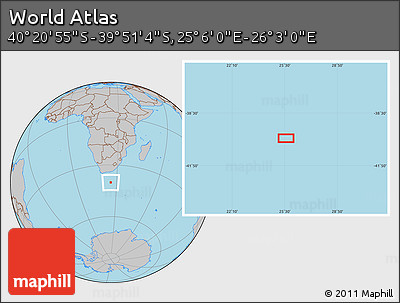 Gray Location Map of the Area around 40° 6' 0" S, 25° 34' 30" E
