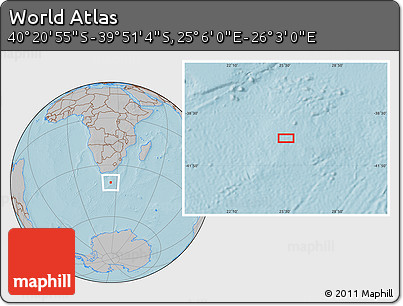 Gray Location Map of the Area around 40° 6' 0" S, 25° 34' 30" E, hill shading