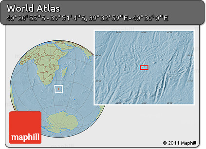 Savanna Style Location Map of the Area around 40° 6' 0" S, 40° 1' 29" E, hill shading