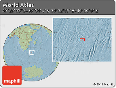 Savanna Style Location Map of the Area around 40° 6' 0" S, 40° 1' 29" E, hill shading