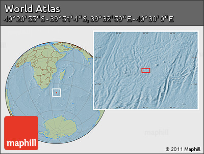 Savanna Style Location Map of the Area around 40° 6' 0" S, 40° 1' 29" E, hill shading